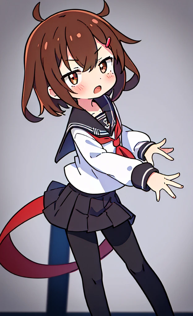 masterpiece,Highest quality,1 Girl,alone,Pokémon-like art style,(bold:1.6),(flat:1.5), BROWN_HAIR,SHORT_HAIR,HAIRCLIP,HAIR_ORNAMENT,BROWN_EYES,SERAFUKU,SCHOOL_UNIFORM,RED_NECKERCHIEF,PLEATED_SKIRT,LONG_SLEEVES,BLACK_PANTYHOSE,