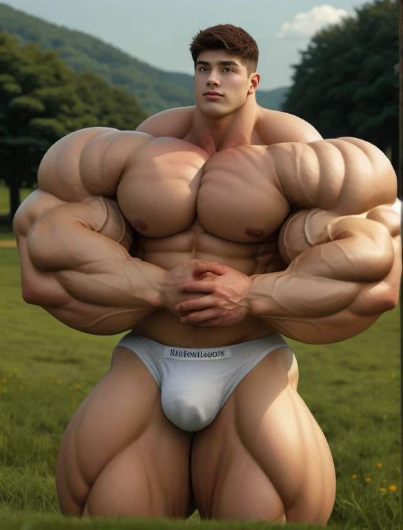 1boy, giant, alone, bodybuilding pose, stand, golden gazebo, strong body, bulk, large size, staring, atmpit, in the Countryside meadows, nude, white triangular underwear, prominent bulge, extraordinary big, brutalmass, giant, muscular body, bulk, buff, massive body, large meaty body size, extremely wide body, backview
