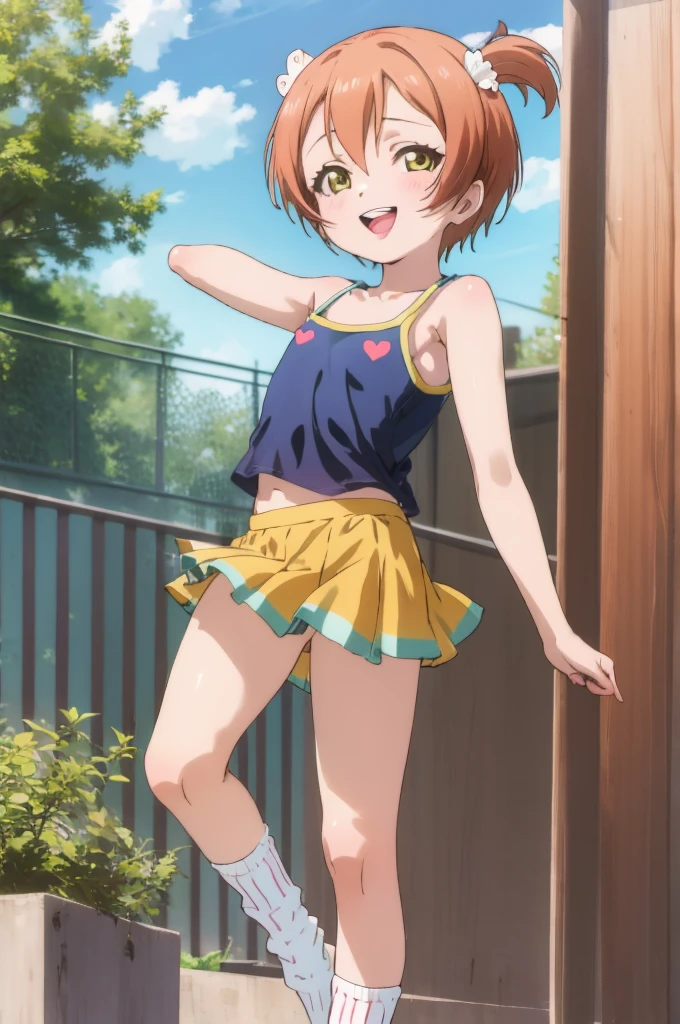 ,girl,happy,smile,,rin hoshizora ,open mouth,,looking viewer,,spoken heart,6yo,(ite),flat chest,grin,outdoor,socks,,,camisole,microskirt