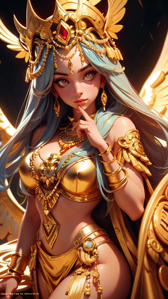  beautiful goddess isis, egyptian goddess, alphonse mucha style, detailed crown, queenie gesture, ornate headdress, flowing robes, golden skin, piercing eyes, intricate details, ethereal lighting, dreamlike atmosphere, vibrant colors, dramatic pose, masterpiece, 8k, ultra-detailed, photorealistic, cinematic, glowing aura