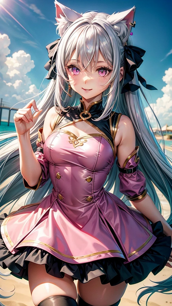Silver hair, pink eyes, body, cat ears, adult girl, earrings, flower sky background, teal pink gold uniform, hair bows, happy face, thigh up, looking at viewer