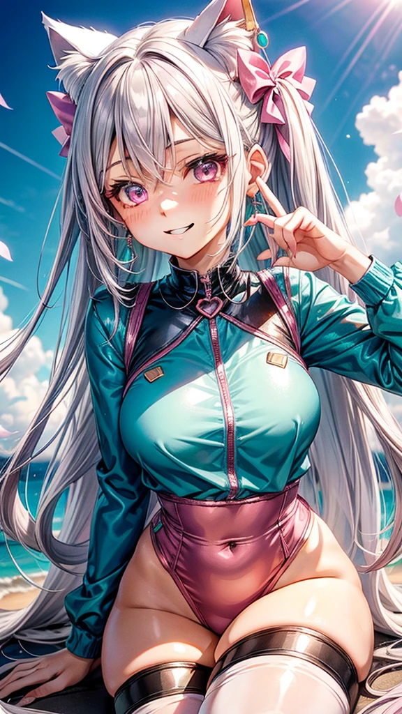Silver hair, pink eyes, body, cat ears, adult girl, earrings, flower sky background, teal pink gold uniform, hair bows, happy face, thigh up, looking at viewer
