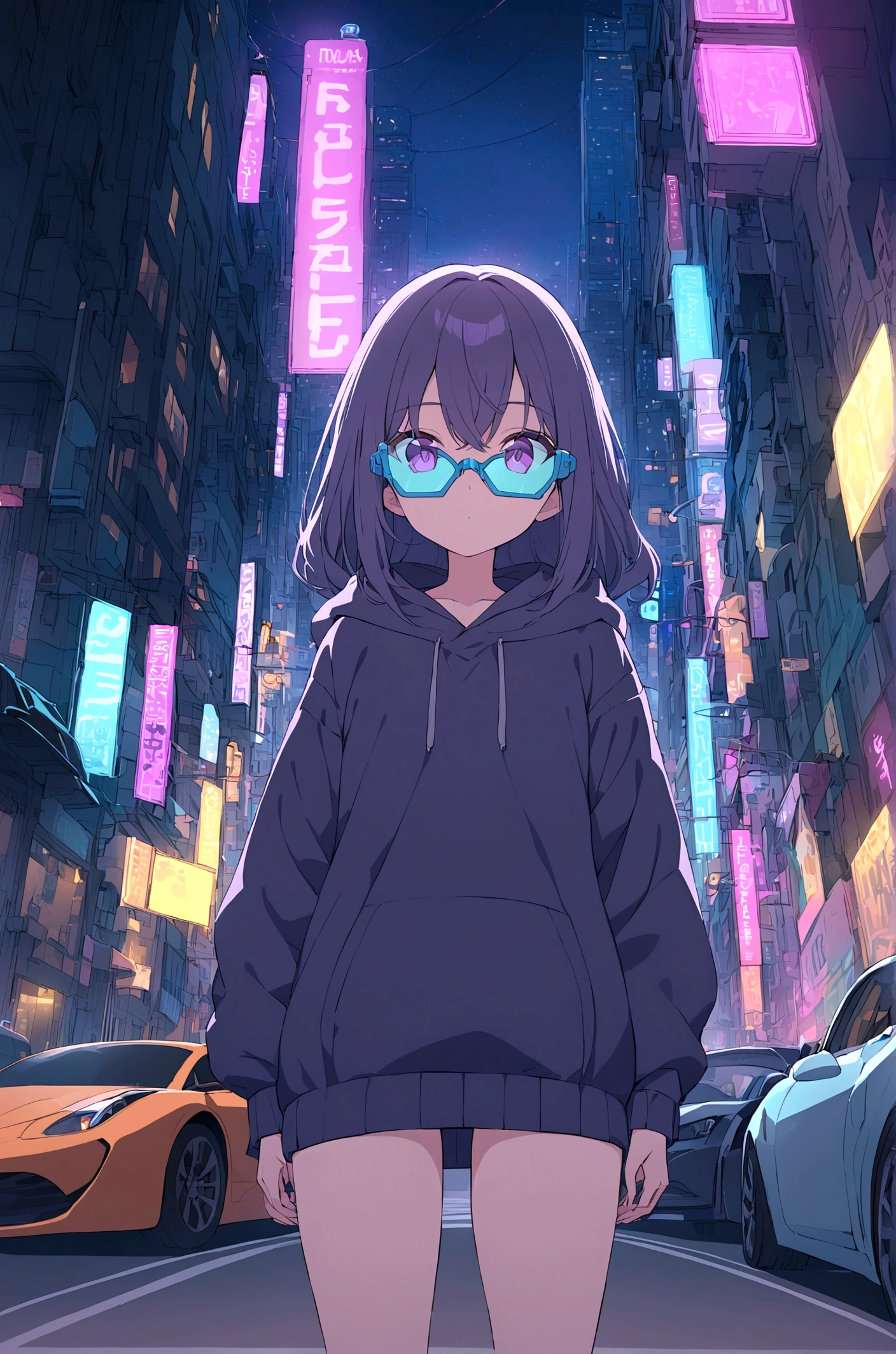 Slim girl standing at the middle of road, wearing black purple hoodie, wearing cyber glasses, neon city, at night, cars