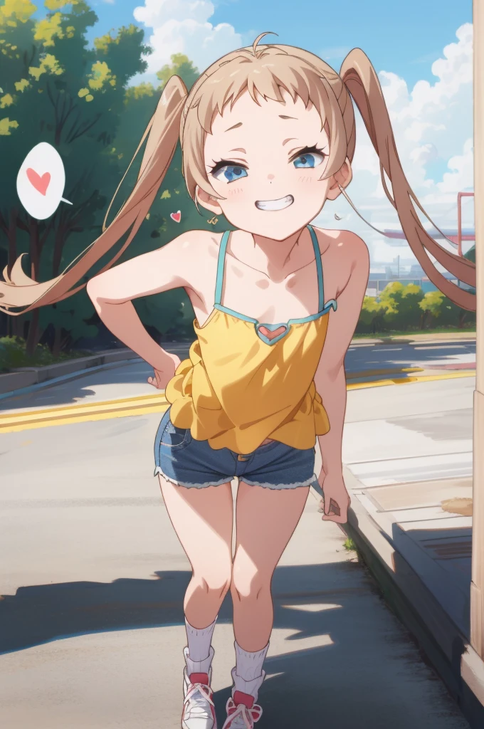 (masterpiece, best quality), intricate details,
 1girl,  sanae dekomori,  speech bubble,,,looking viewer,,spoken heart,6yo,(petite),flat chest,grin,outdoor,camisole,denim shorts,socks,thigh gap