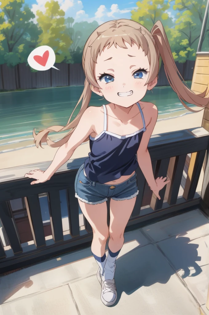 (masterpiece, best quality), intricate details,
 1girl,  sanae dekomori,  speech bubble,,,looking viewer,,spoken heart,6yo,(petite),flat chest,grin,outdoor,camisole,denim shorts,socks,thigh gap