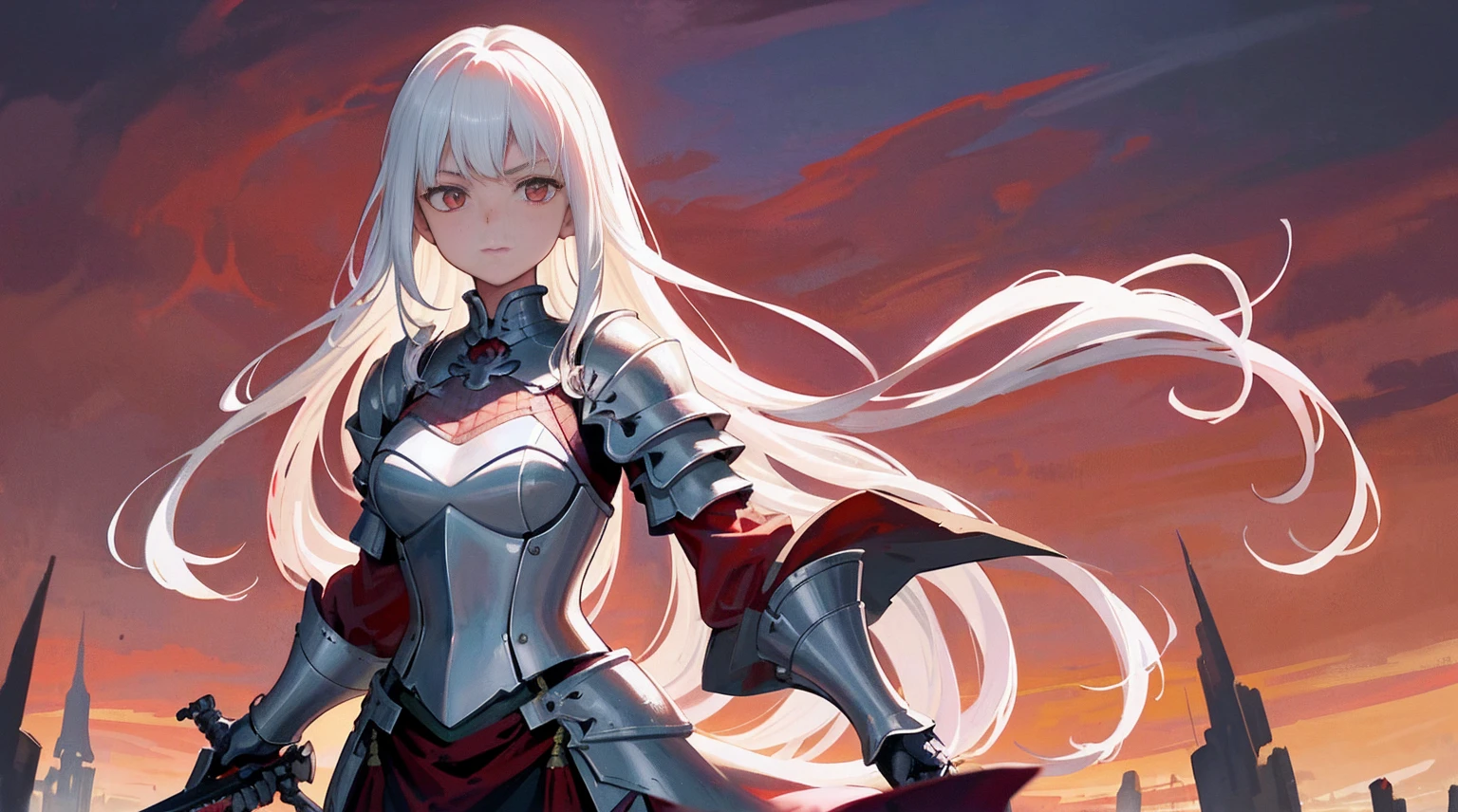 A teenage girl,White hair and red eyes,long whitr hair,Original Character、fantasy concept art、Volumetriclighting、Best shadow、shallowdepthoffield、Portrait of a noble knight、Dignified、Sophisticated tactical heavy armor、Tassel waistband、Hand Guard、Pauline、High quality armor texture,sword sheath,Stand up,arms folded,Gaze towards the viewer,Dazzling sunlight,rose garden,Rose thorn shrub,(HighestQuali,astonishing detail:1.25),(solo:1.3),Brilliant and colorful paintings