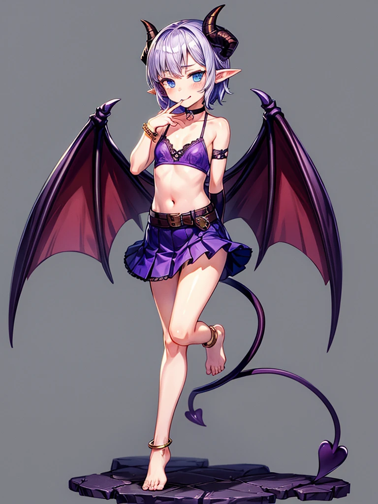 (masterpiece:1.2), (highest quality:1.2), 1girl, solo, horns, tongue, tongue-out, tail, :q, blue-eyes, barefoot, navel, skirt, pointy-ears, purple-hair, demon-girl, blush, short-hair, demon-tai, looking-at-viewer, Gray-background, bare-shoulders, smil, full-body, choker, demon-horns, ribbon, naughty-face, collarbone, jewelry, purple-bow, purple-skirt, midriff, finger-to-mouth, hear, bangs, belt, bow, purple-ribbon, see-through, standin, standing-on-one-leg, bat-wings, flat-chest, ((miniskirt)), closed-mouth, leg-up, purple-wings, anklet, tsurim, purple-choker, hand-up

