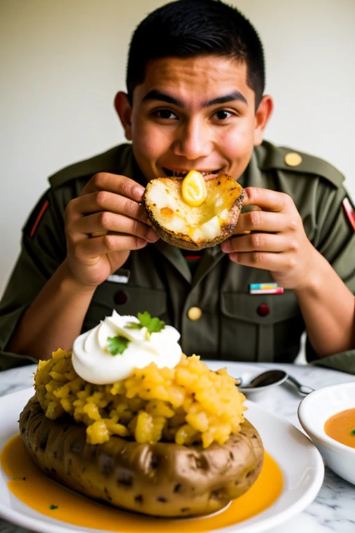 Peruvian soldier eating Peruvian stuffed potato