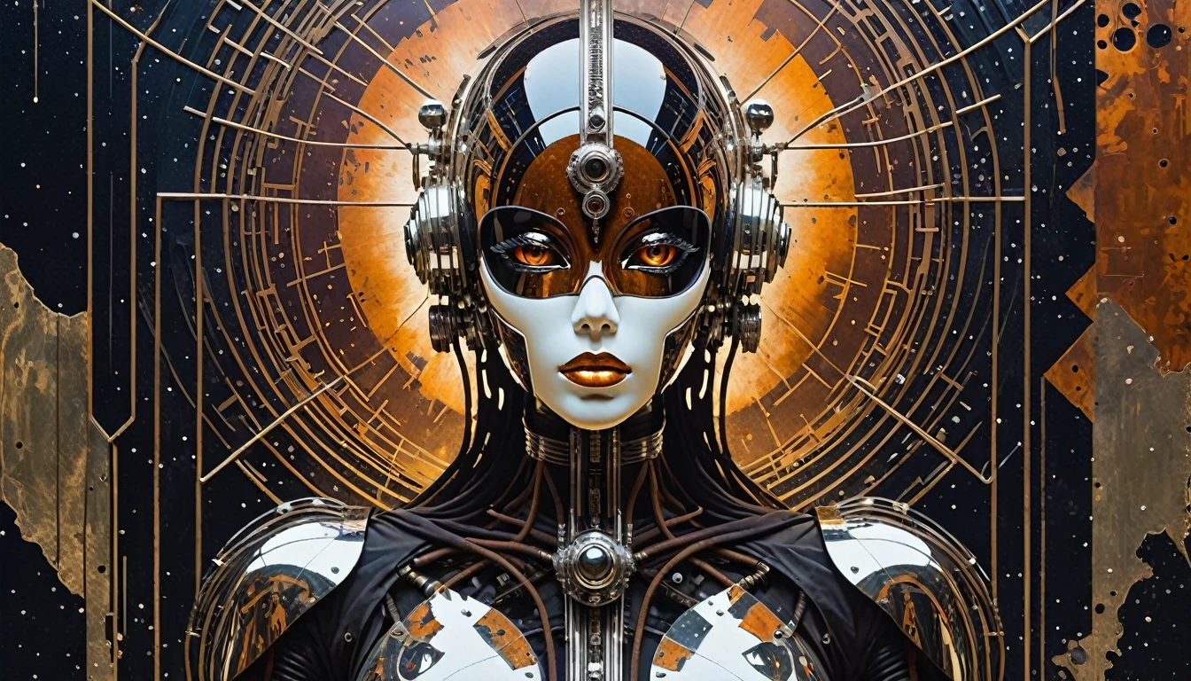 Papercut collage of science fiction photography, analog,  calm  half-demon wizard robot, by Stephan Martiniere and Moebius , in the style of Adrian Ghenie, hyper detailed, intricate, poster art, Artstation, reflective mercury armor plating, RAW photograph,   (intricate details, masterpiece, best quality:1.4), dark, highly detailed, gritty, grungy, insane details, [gothic futurism], [afro-futurism],
 (Scratches, nicks, dents, scuffs, rusted, grime, grit) rusted metals, chrome reflections, . Mixed media, textured paper, overlapping, asymmetrical, abstract, vibrant