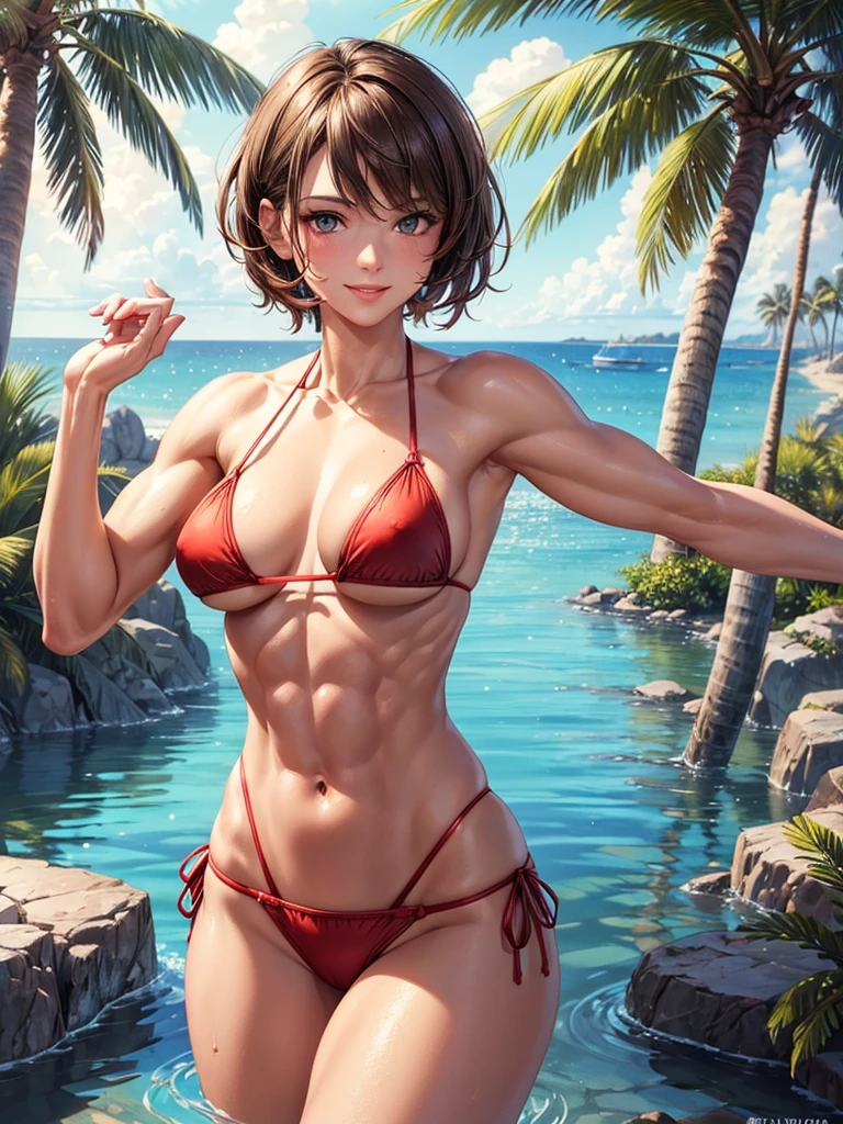 ,(best quality, ultra-detailed, realistic:1.37, masterpiece:1.2), woman, beautiful detailed eyes, beautiful detailed lips, brown hair tied up, smile,red micro bikini, (muscular body:1.1),slim figure, caustics, textile shading, toned body, clean abs, palm trees swaying, messy flipped short hair,