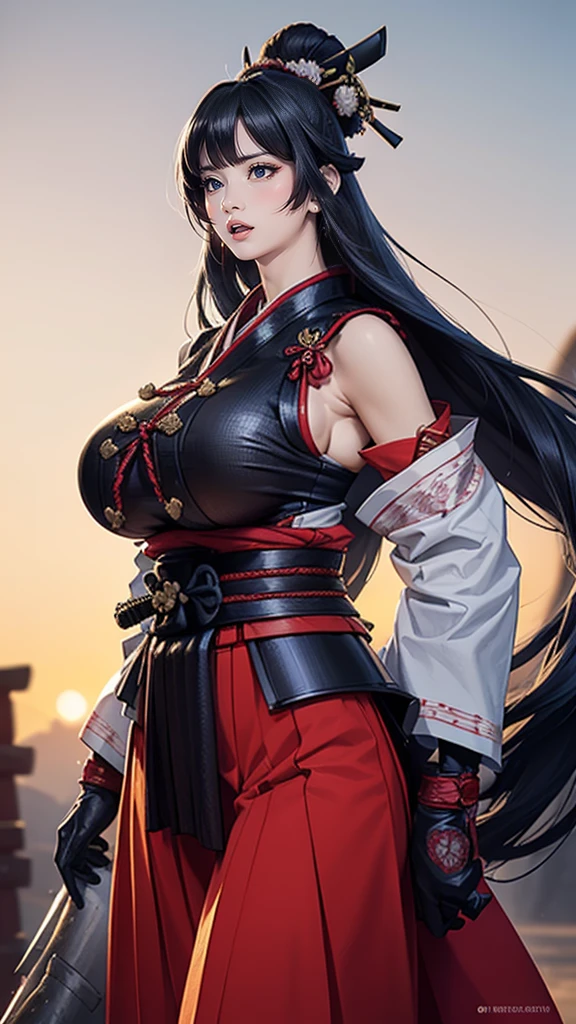 Create an image of a powerful warrior woman with a confident pose, saluting with her right hand. She has long, flowing dark hair tied in a high ponytail with decorative hair accessories. Her outfit is a traditional red and white warrior costume with intricate details, featuring a low-cut top with a large black and white bow at the waist and a short skirt with red tassels. Her costume has rope accents, arm guards, and a prominent red and black obi belt. Her skin is luminous, highlighting her muscular physique, and she has a determined, fierce expression with striking red eyes. The background is a clear sky with subtle clouds and flying petals, adding a dynamic, ethereal quality to the scene.