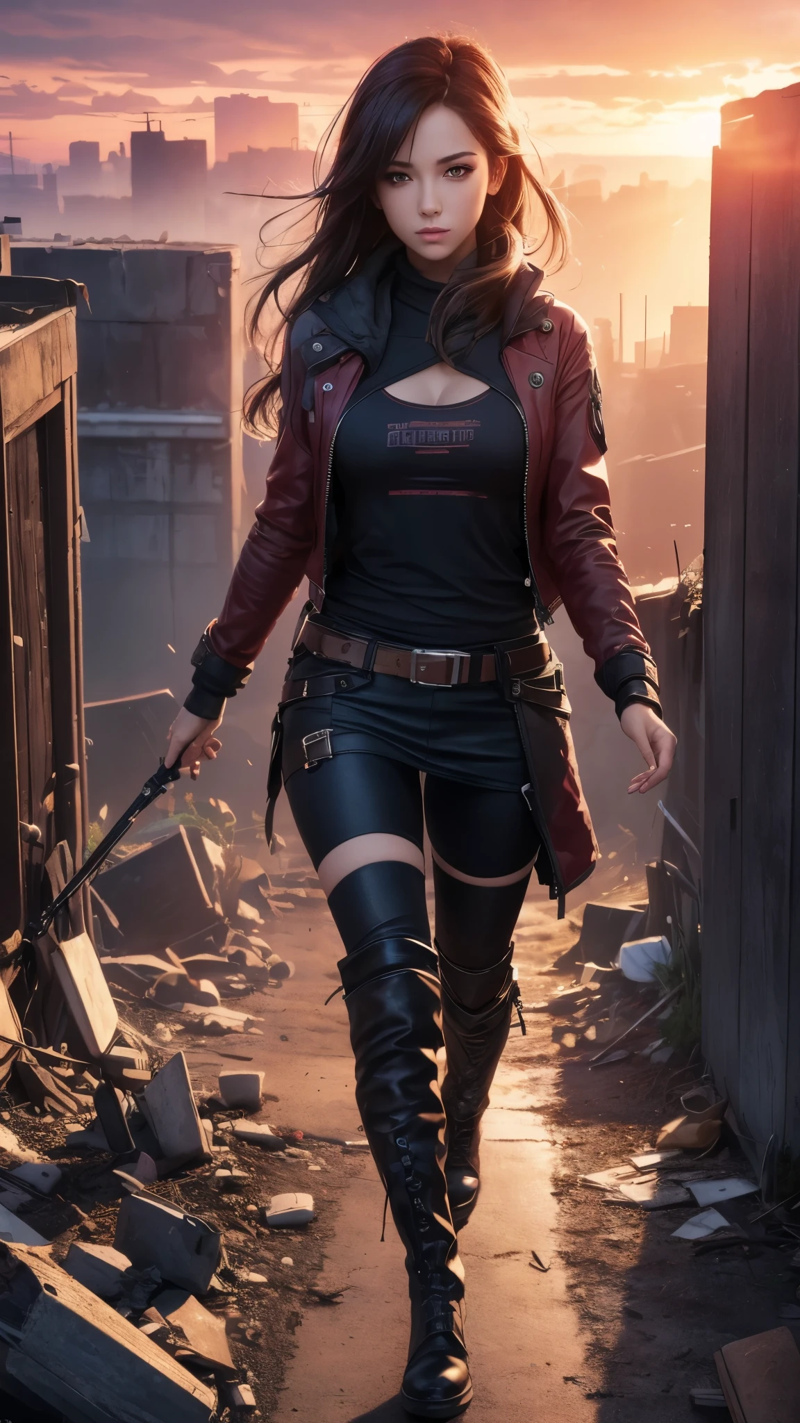 (best quality,4k,8k,highres,masterpiece:1.2),ultra-detailed,realistic:1.37,portrait,detailed eyes,detailed lips,elegant,alluring,seductive,Noble woman's clothing,post apocalyptic setting,dystopian scene,debris-filled background,hauntingly beautiful,soft lighting,vibrant colors,moody atmosphere full body portrait, epic perspective, dramatic lighting, aesthetically pleasing anime style, red sunset skies, knee high boots, slim and athletic body, urban casual tech wear 