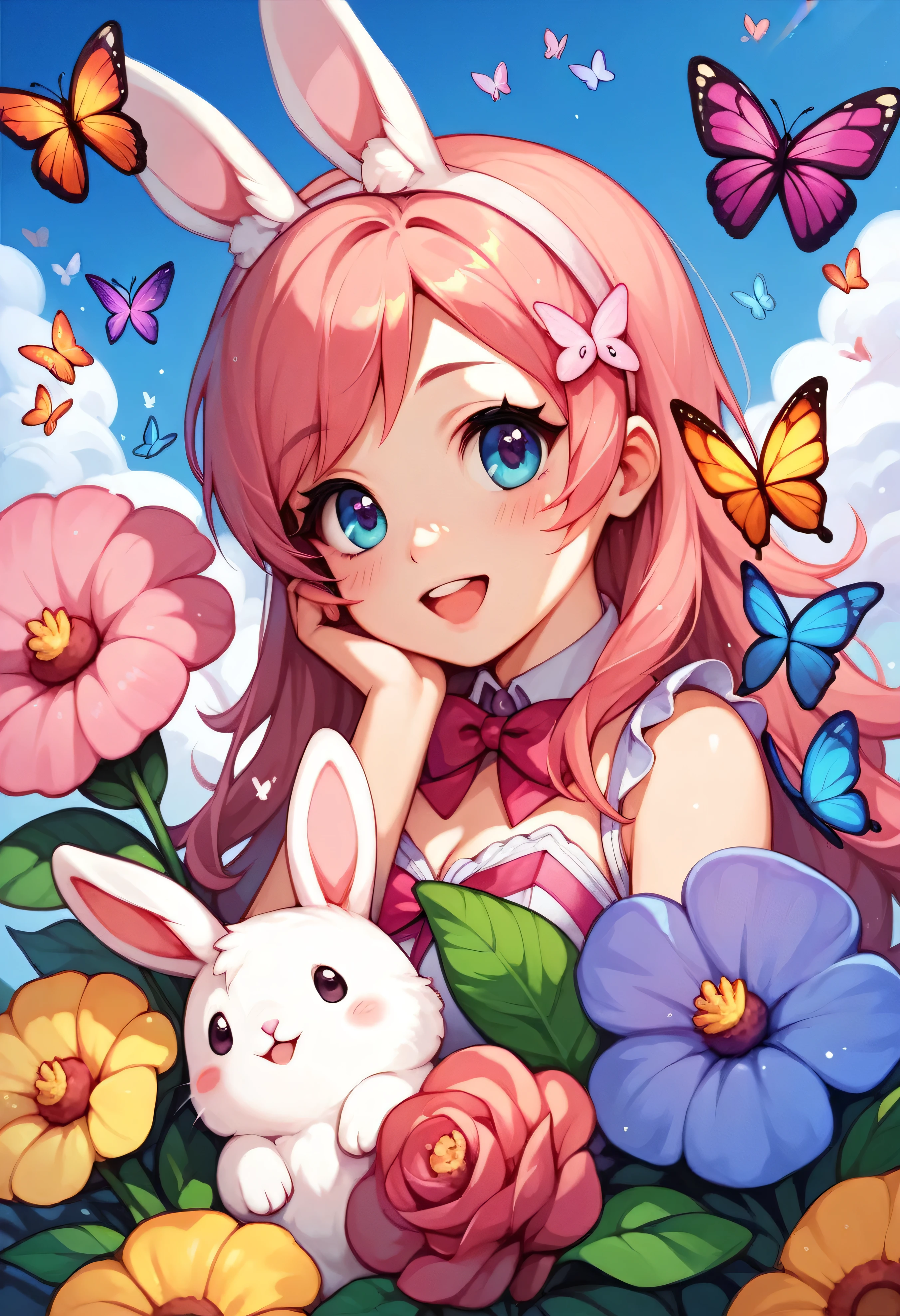 Cute kawaii nature scene, colorfilul clouds, rainbow, flowers, butterflies, bunnies
