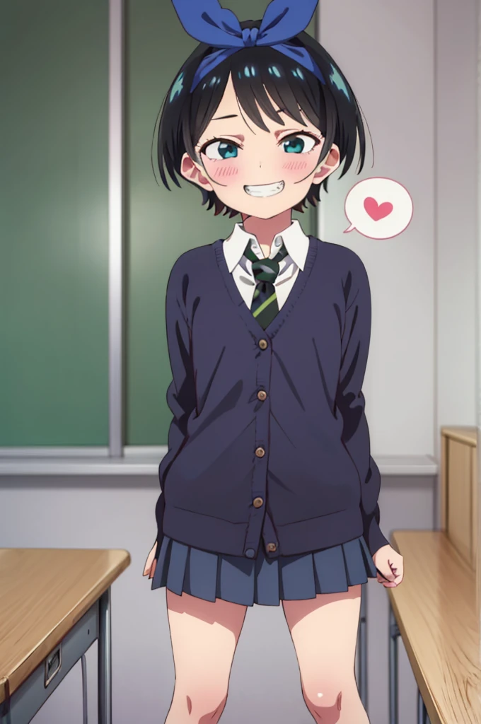 (((pixel-perfect, detail-perfect))), solo, 1girl, ruka sarashina, blue ribbon, , necktie, looking at viewer, smile,,,spoken heart,6yo,(ite),flat chest,grin,my room,socks,,cardigans,miniskirt,classroom,grin,open mouth,tongue,