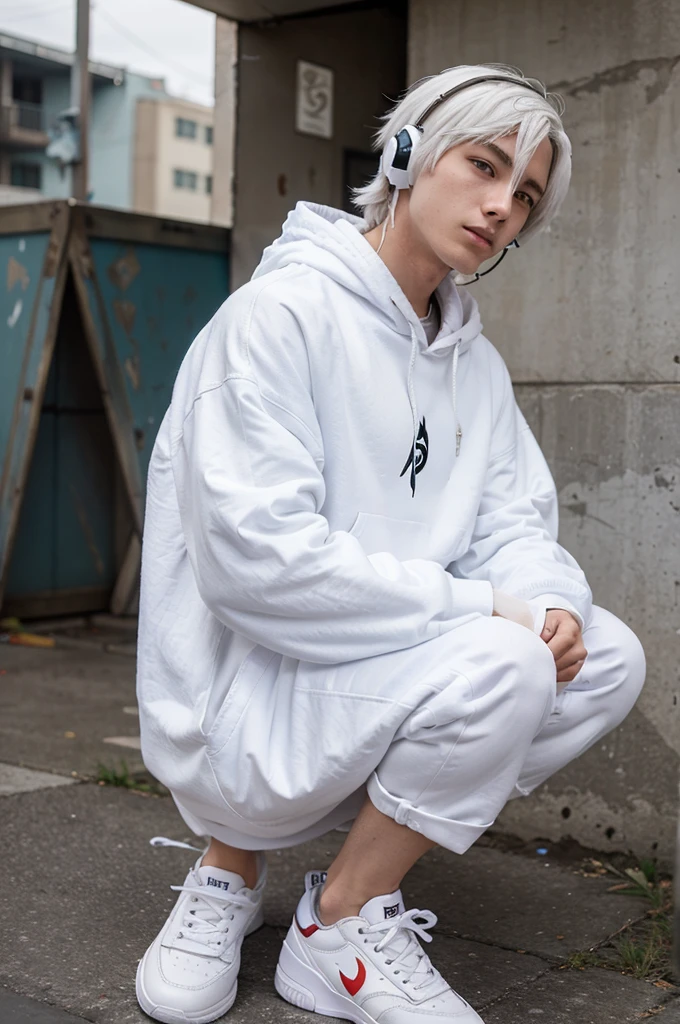 Anime Male Age 18 Wearing White Hoodie With FIN Writing, Wearing Sneakers, White Hair, Headphones On Neck,