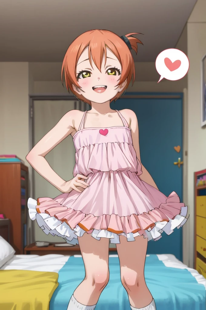 ,girl,happy,smile,,rin hoshizora ,open mouth,,looking viewer,,spoken heart,6yo,(petite),flat chest,grin,my room,socks,,