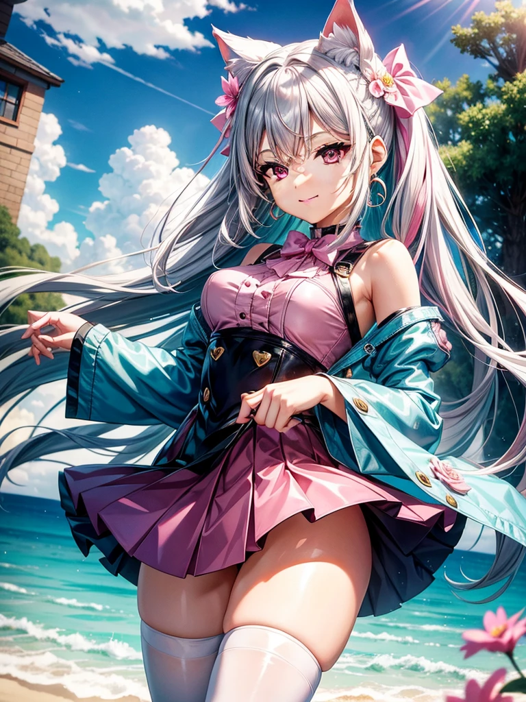 Silver hair, pink eyes, body, cat ears, adult girl, earrings, flower sky background, teal pink gold uniform, hair bows, happy face, thigh up, looking at viewer