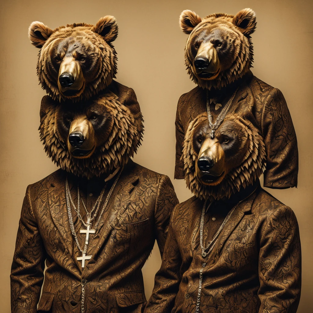 Generate image of a bear, ((detailed)), ((Best Quality)), ((Masterpiece)), furious state, eyes covered with crosses, in gangster clothes, whole body