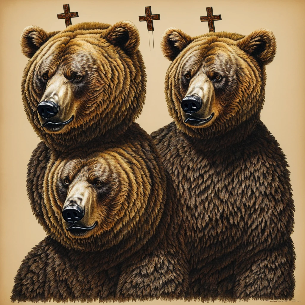 Generate image of a bear, ((detailed)), ((Best Quality)), ((Masterpiece)), furious state, eyes covered with crosses, in gangster clothes, whole body