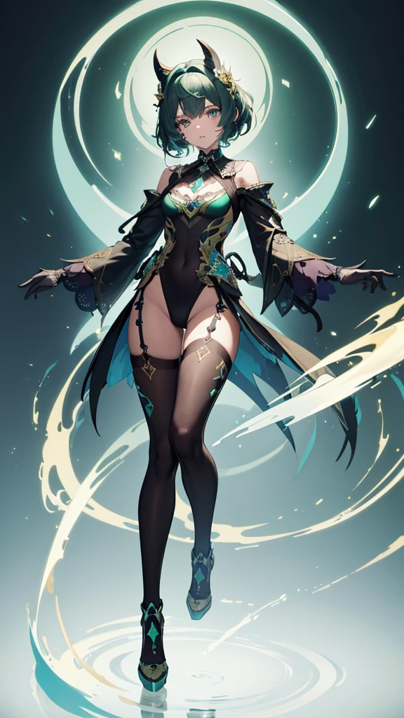 masterpiece, highest quality, (solo focus), (perfect face:1.1), (full body), (high detail:1.1), (hyper detailed eyes), dramatic, a woman with paleskin and long dark green hair, bright green eyes, solo, arrogant expression, neon cybernetic outfit, white background, art by artgerm, cinematic lighting, fashion, BalenciagaStyle