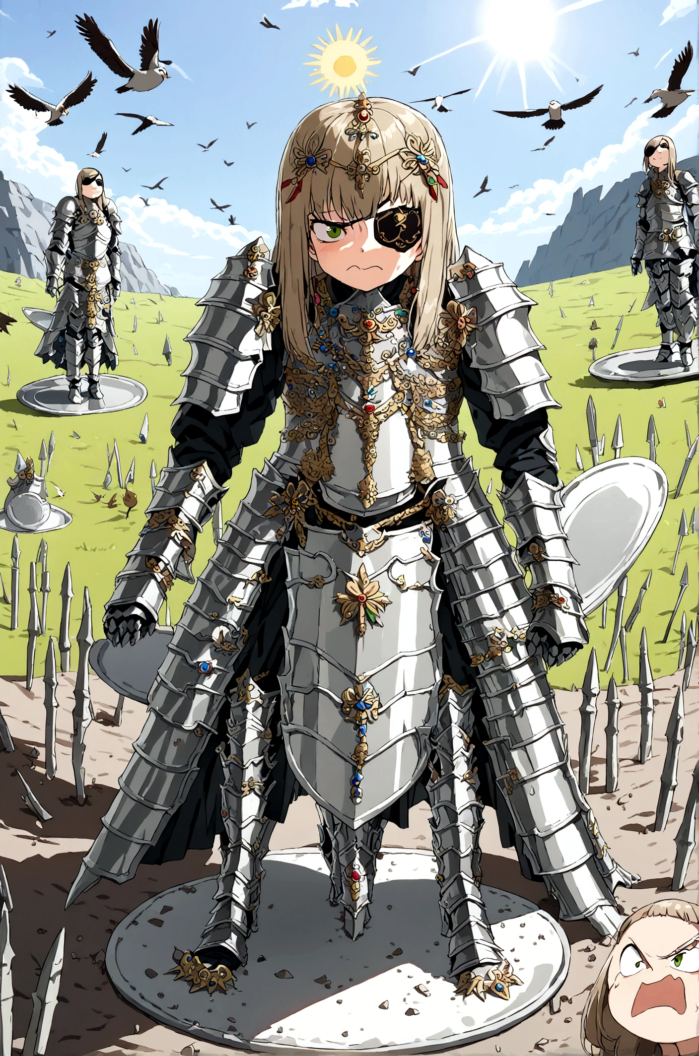 Slim tall girl, stern face expression,  standing on steep heel, sunny day, ((wearing silver heavy plate full armor with ornament)), eyepatch, broken spears in the ground around, birds in sky far away