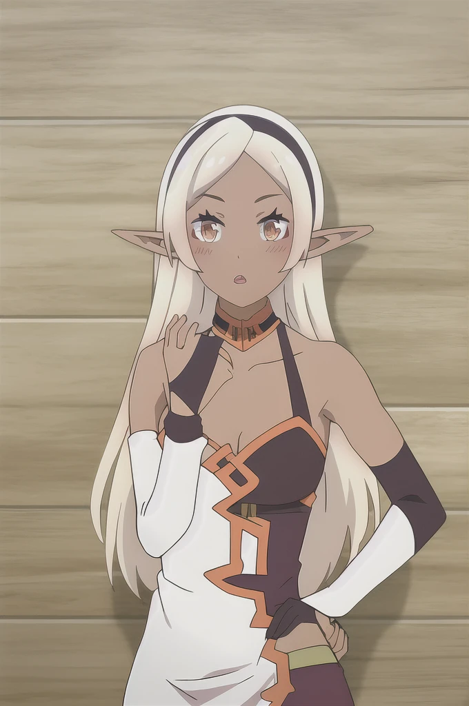 ya, 1girl, solo, long_hair, breasts, looking_at_viewer, blush, open_mouth, bangs, blonde_hair, gloves, bare_shoulders, brown_eyes, collarbone, upper_body, sidelocks, hairband, small_breasts, parted_lips, detached_sleeves, sleeveless, pointy_ears, black_gloves, elbow_gloves, indoors, dark_skin, dark-skinned_female, orange_eyes, parted_bangs, black_hairband, elf, bridal_gauntlets, dark_elf, standing, hands_on_hip , nudity , tan lines