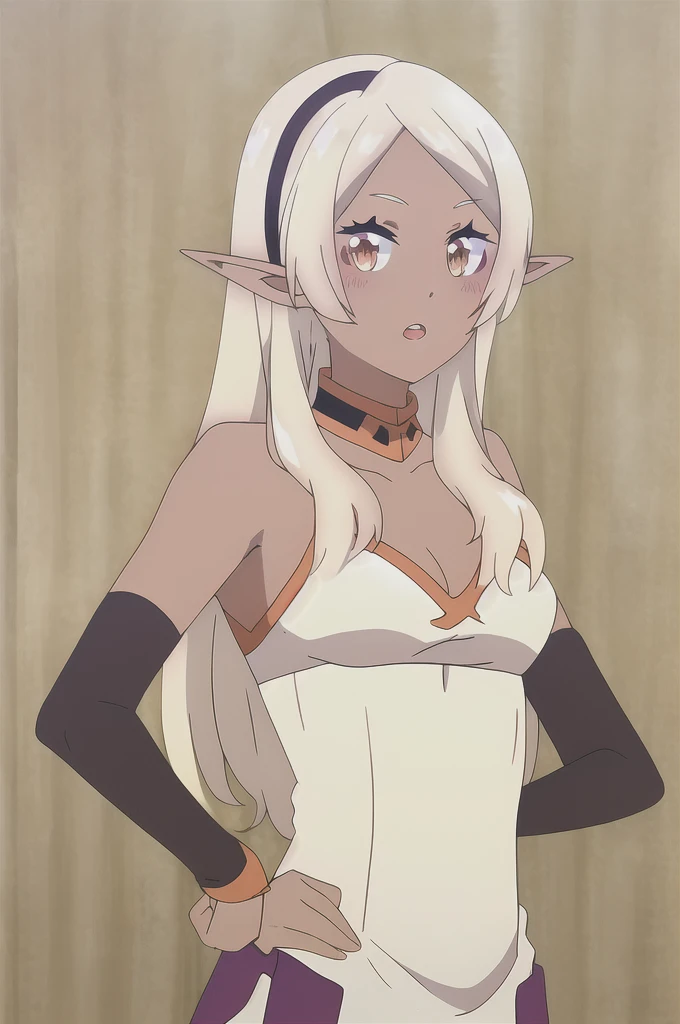 ya, 1girl, solo, long_hair, breasts, looking_at_viewer, blush, open_mouth, bangs, blonde_hair, gloves, bare_shoulders, brown_eyes, collarbone, upper_body, sidelocks, hairband, small_breasts, parted_lips, detached_sleeves, sleeveless, pointy_ears, black_gloves, elbow_gloves, indoors, dark_skin, dark-skinned_female, orange_eyes, parted_bangs, black_hairband, elf, bridal_gauntlets, dark_elf, standing, hands_on_hip , nudity , tan lines