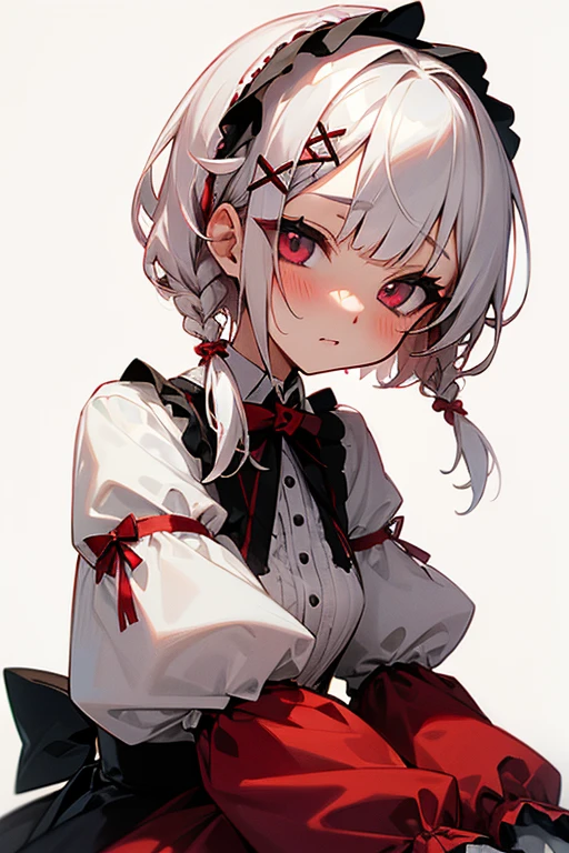 Short white hair, blush, Gothic Lolita、Punk Fashion、Headbang 2.、White and red clothes、Braiding、2 hair clips、
