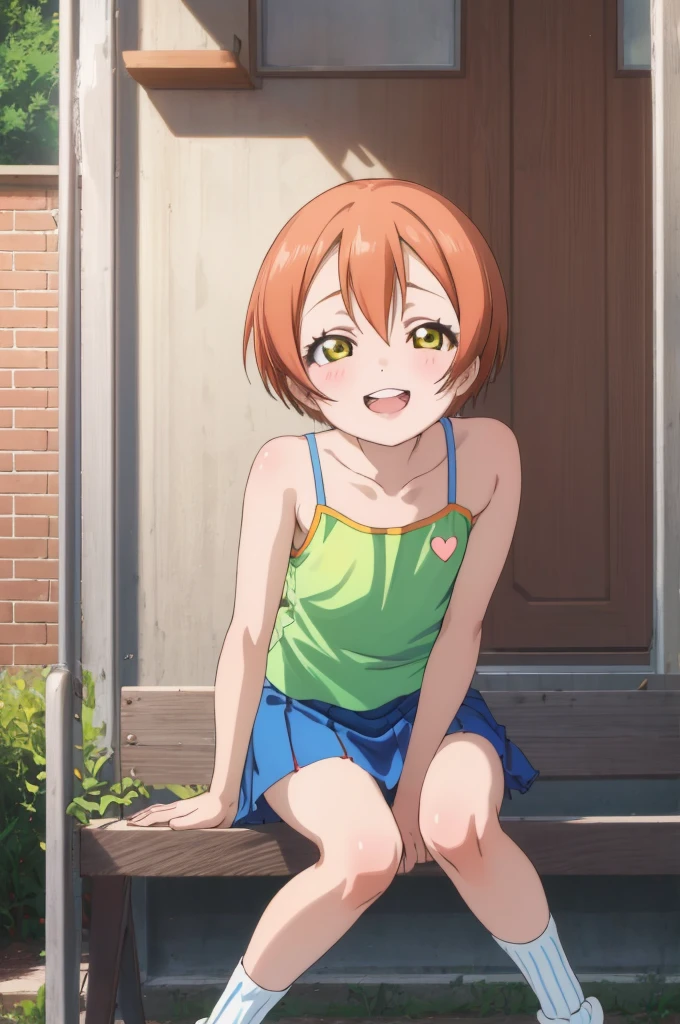 ,girl,happy,smile,,rin hoshizora ,open mouth,,looking viewer,,spoken heart,6yo,(ite),flat chest,grin,outdoor,socks,,,camisole,microskirt