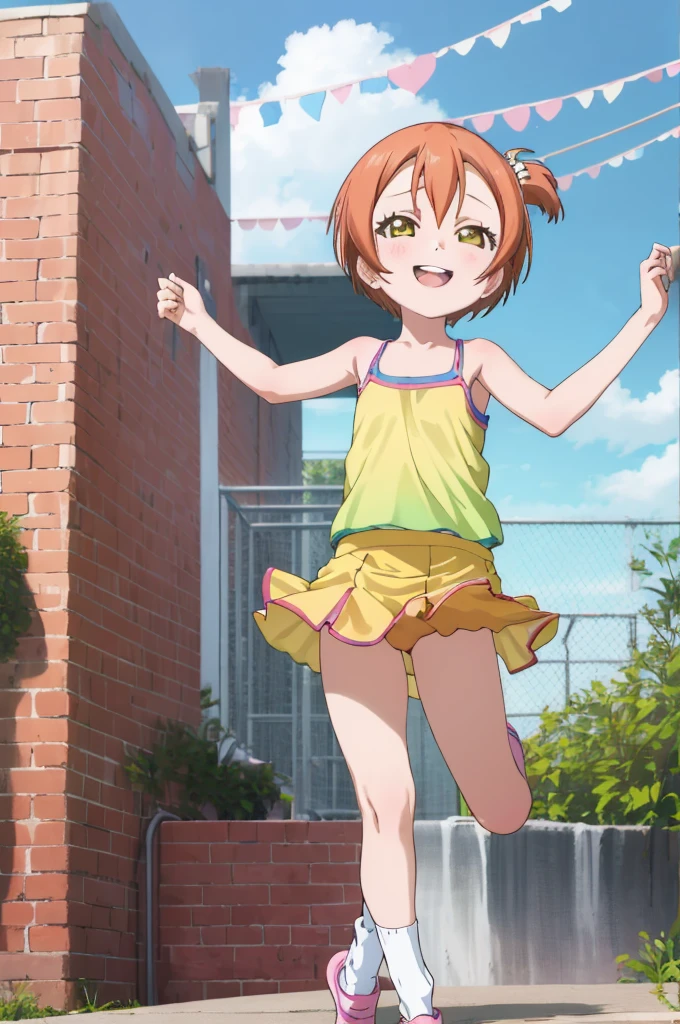 ,girl,happy,smile,,rin hoshizora ,open mouth,,looking viewer,,spoken heart,6yo,(ite),flat chest,grin,outdoor,socks,,,camisole,microskirt