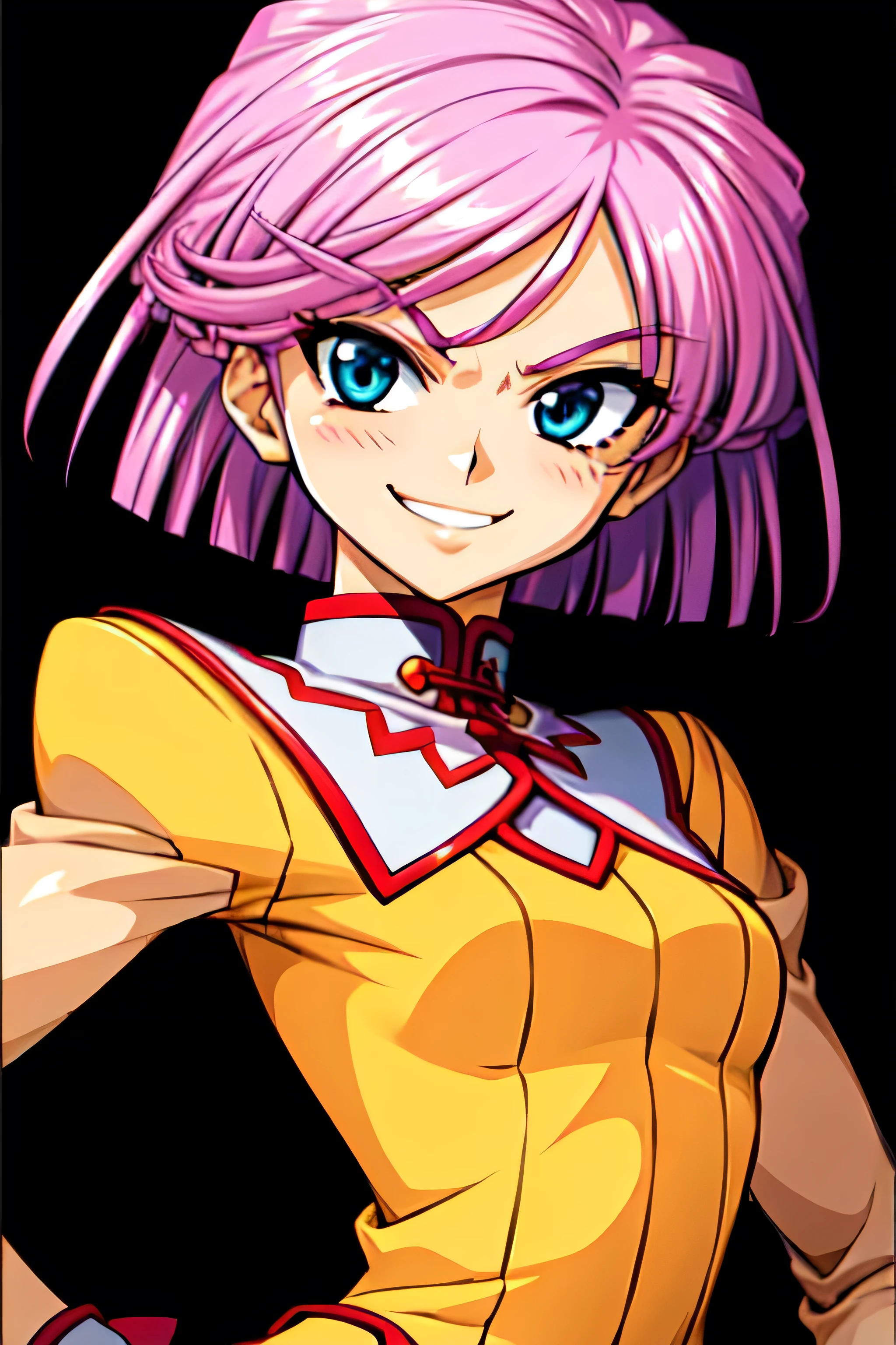 (best_quality 4K, 8K, High resolution, Masterpiece: 1.2), ultra detailed),from_below,(anime_screencap),(1girl,solo),dynamic_angle,too evil_smile,too evil laugh at,tis,deep shaded_face,too sadistic smile,smile worst,,bob short hair,,,looking at viewer,upper body,black background,too worst smile,too bad smile,too evil smirk,,too sadistic smirk,