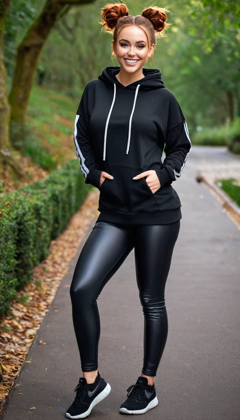 ultrarealistic high quality full body photo of 2 beautiful busty slim european 25-year-old women with cute hyperdetailed shy face and natural redhead messy bun hair and shy smile , realistic round hazel eyes, natural lips, dark eye makeup with eyeliner, wearing casual hoodie and latex leggins, hourglass body, outdoor photography, tanned
