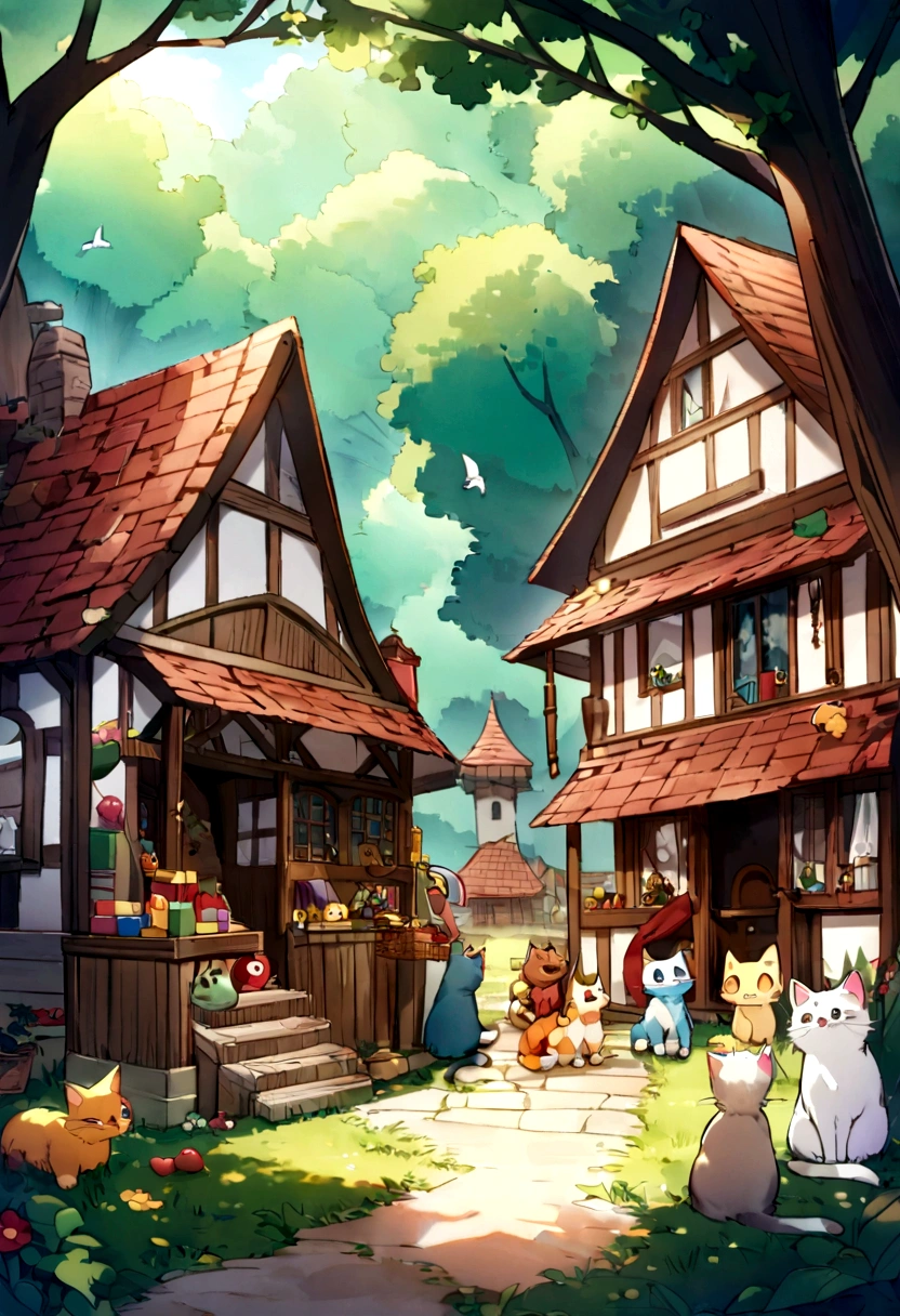 In a small village, there lived a group of playful cats who discovered a secret hideout in the forest full of toys and treasures. After a fun adventure and discovering an amazing world, the cats returned to their village happy and promised to come back again to explore more. And they lived happily ever after.
