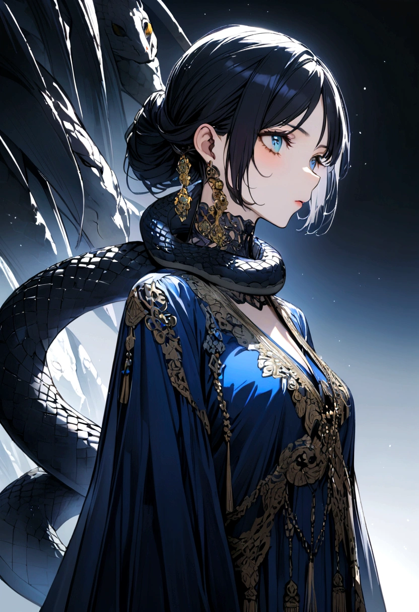 girl, black hair, snake on the neck, Look like, yellow, Look like azul, It lasts, negro