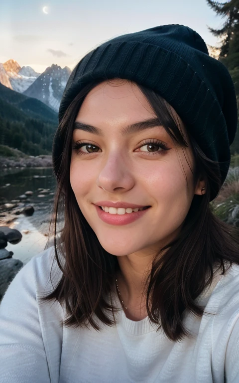 Photorealistic, Best Quality, Hyper Detailed, Beautiful woman, selfie photo, Upper body, Solo, wearing pullover, Outdoors, (Night), mountainscape, The nature of real life, Stars, Moon, (Outstanding smile、A dark-haired、sixteen years old、Cheerful, Happy), Beanie, flash lights, forest, boulders, River, Wood, Smoke, Fog, crystal clear skies, analog style, Looking at Viewer, Skin Texture, Film grain, close up, 超A high resolution, Best Shadow, raw, Instagram LUT