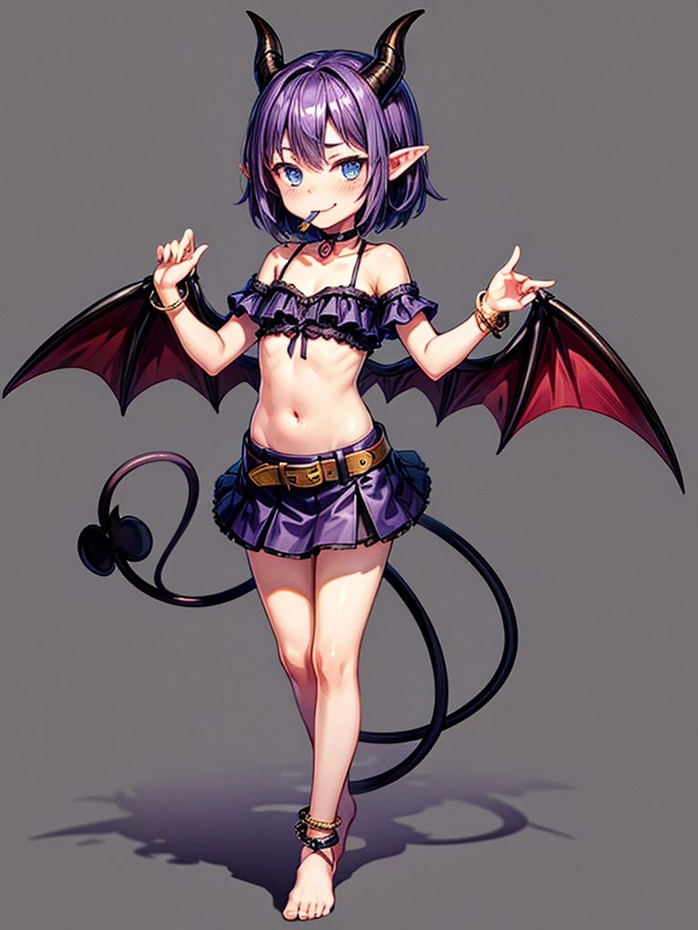 (masterpiece:1.2), (highest quality:1.2), 1girl, solo, horns, tongue, tongue-out, tail, :q, blue-eyes, barefoot, navel, skirt, pointy-ears, purple-hair, demon-girl, blush, short-hair, demon-tai, looking-at-viewer, Gray-background, bare-shoulders, smil, full-body, choker, demon-horns, ribbon, naughty-face, collarbone, jewelry, purple-bow, purple-skirt, midriff, finger-to-mouth, hear, bangs, belt, bow, purple-ribbon, see-through, standin, standing-on-one-leg, bat-wings, flat-chest, ((miniskirt)), closed-mouth, leg-up, purple-wings, anklet, tsurim, purple-choker, hand-up