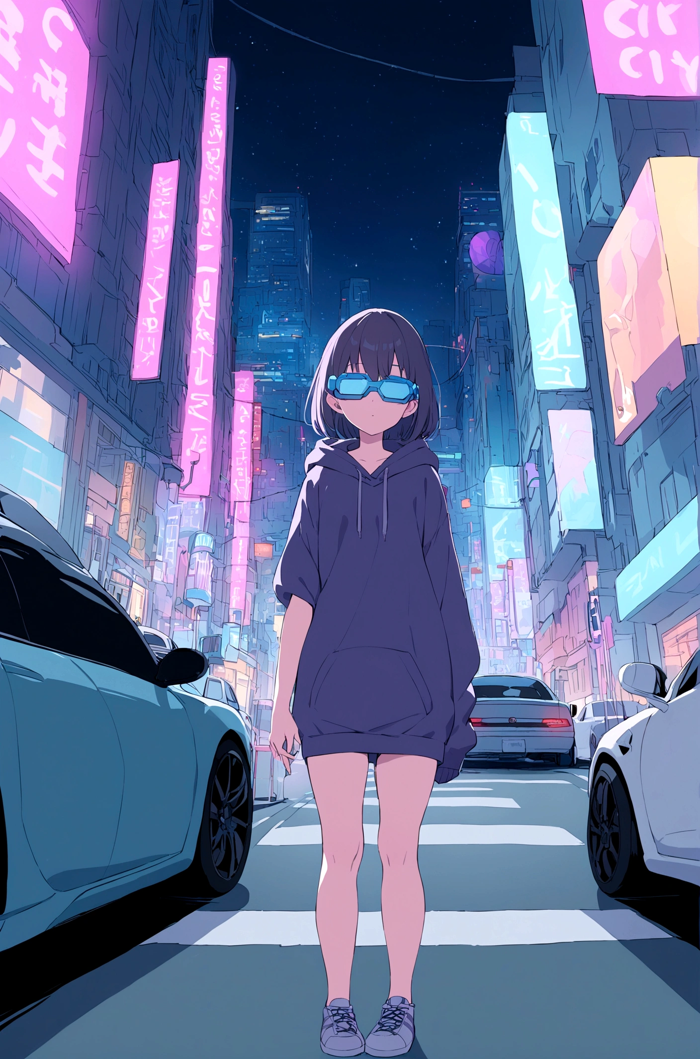 Slim girl standing at the middle of road, wearing black purple hoodie without one arm, wearing cyber glasses, neon city, at night, cars