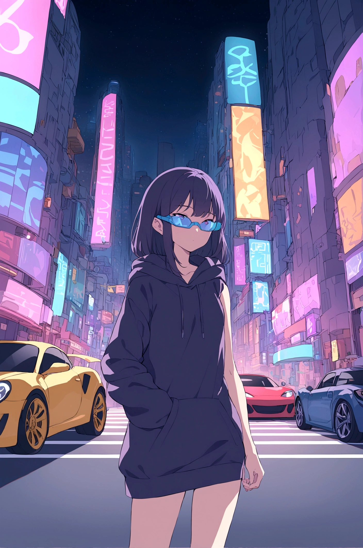Slim girl standing at the middle of road, wearing black purple hoodie without one arm, wearing cyber glasses, neon city, at night, cars
