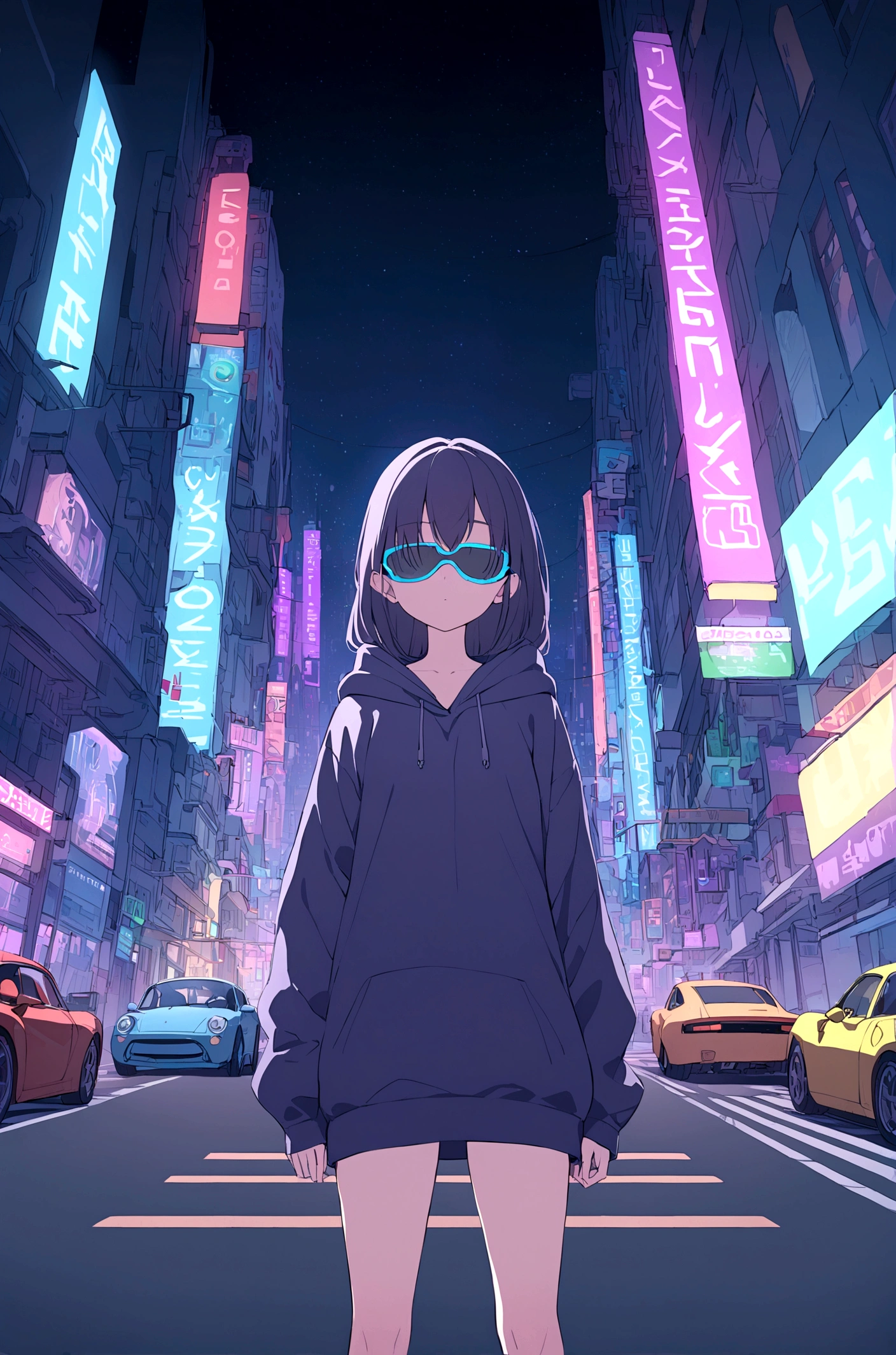 Slim girl standing at the middle of road, wearing black purple hoodie without one arm, wearing cyber glasses, neon city, at night, cars