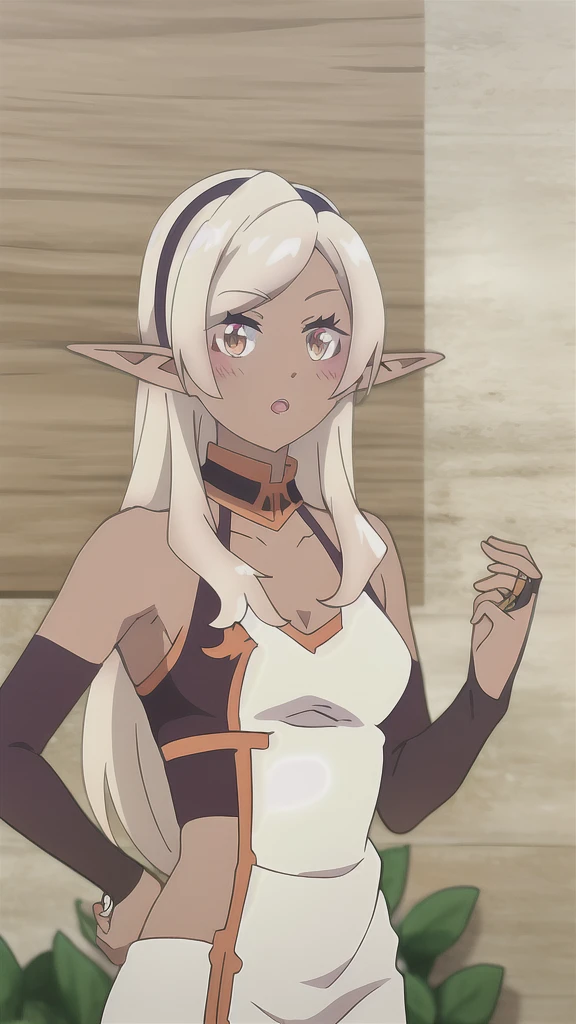 ya, 1girl, solo, long_hair, breasts, looking_at_viewer, blush, open_mouth, bangs, blonde_hair, gloves, bare_shoulders, brown_eyes, collarbone, upper_body, sidelocks, hairband, small_breasts, parted_lips, detached_sleeves, sleeveless, pointy_ears, black_gloves, elbow_gloves, indoors, dark_skin, dark-skinned_female, orange_eyes, parted_bangs, black_hairband, elf, bridal_gauntlets, dark_elf, standing, hands_on_hip , nudity , tan lines