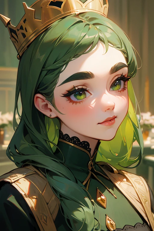 (Highest quality, masterpiece:1.2), High resolution, Very detailed, Realistic:1.37, Fantasy, An illustration, Green Eyes、Queen, Red lace dress.Platinum decoration、beautifully、Eyeshadow Red、Thick eyebrows、Long eyelashes、pupils are black、Her hair is dark green、Gold crown、Kissing Face、Embarrassing、Beloved by the crowd、Hair is green、Braiding、hair ornaments、Laugh aloud、cake、