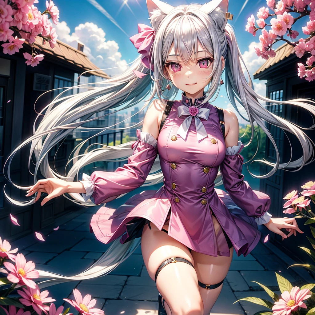Silver hair, pink eyes, body, cat ears, adult girl, earrings, flower sky background, teal pink gold uniform, hair bows, happy face, thigh up, looking at viewer
