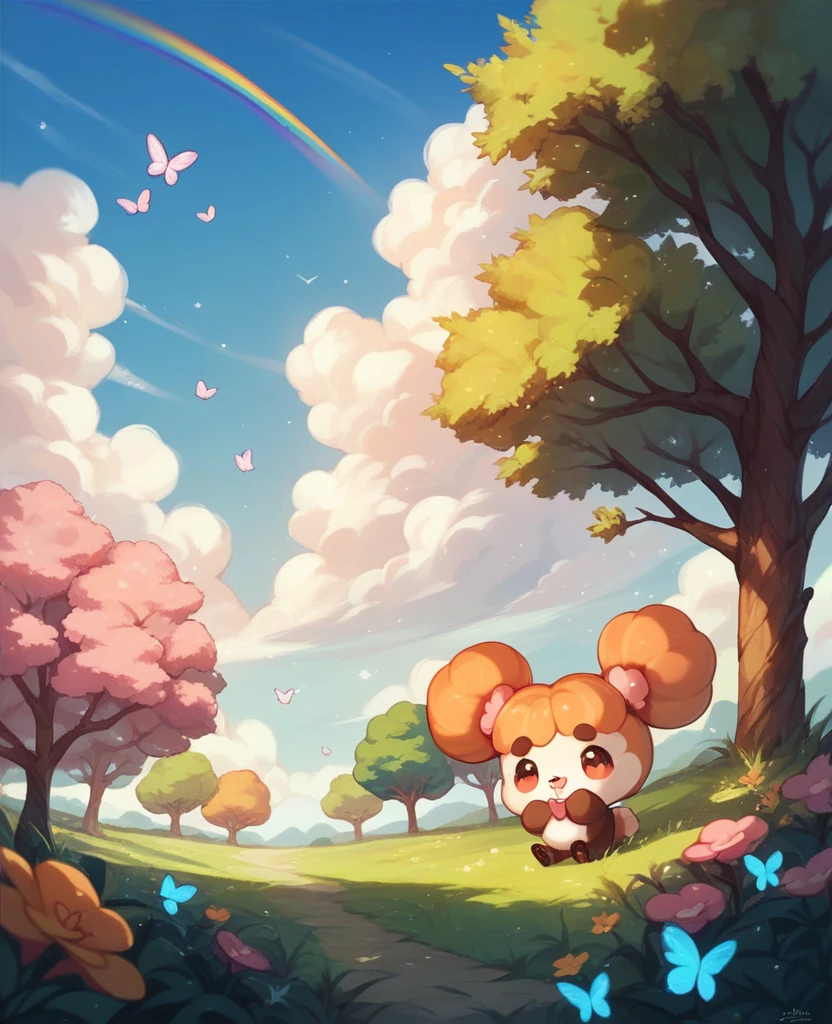 Cute nature scenery, no people, clouds rainbow.      pandas kittens bunnies trees butterflies 