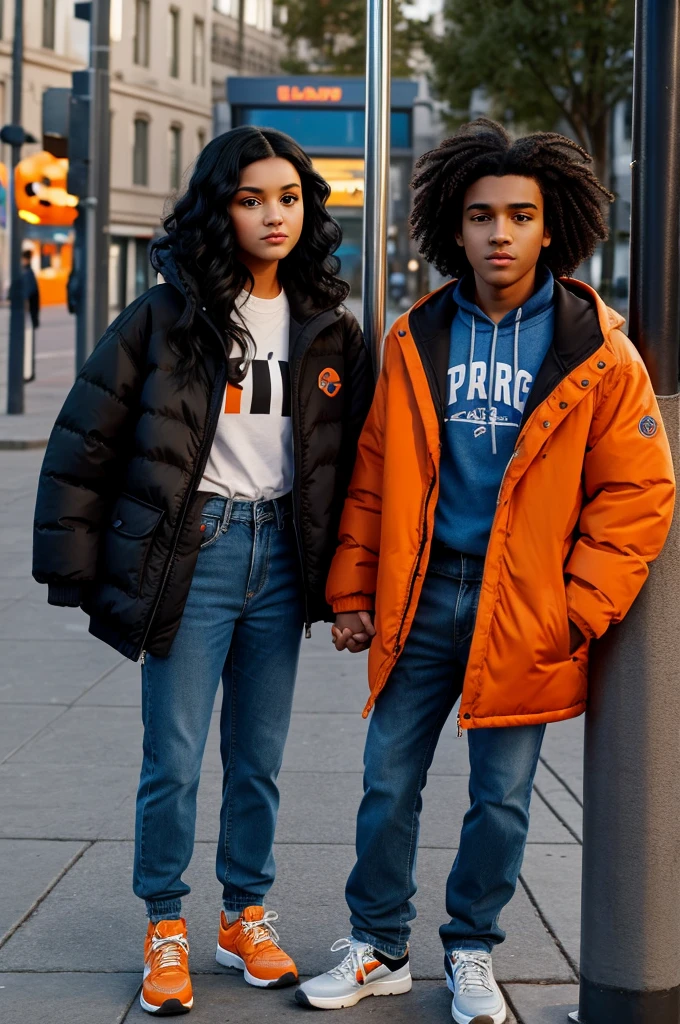 Pixar cover of a couple the girl has long black hair big black eyes, with a black puffer jacket and blue jeans and ankle boots and the boy has brown skin, short but curly hair, He is wearing an orange sports jacket and pants with tennis shoes, they are together near a pole on the street