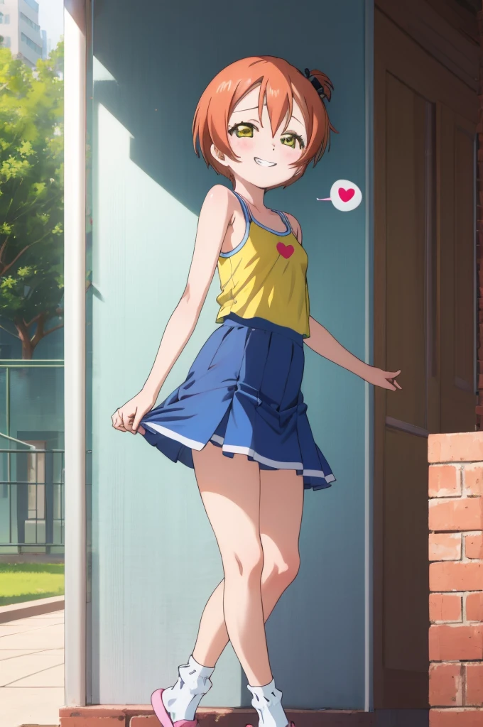 ,girl,happy,smile,,rin hoshizora ,,,looking viewer,,spoken heart,6,(pee),small breasts,grin,outdoor,socks,,,camisole,microskirt