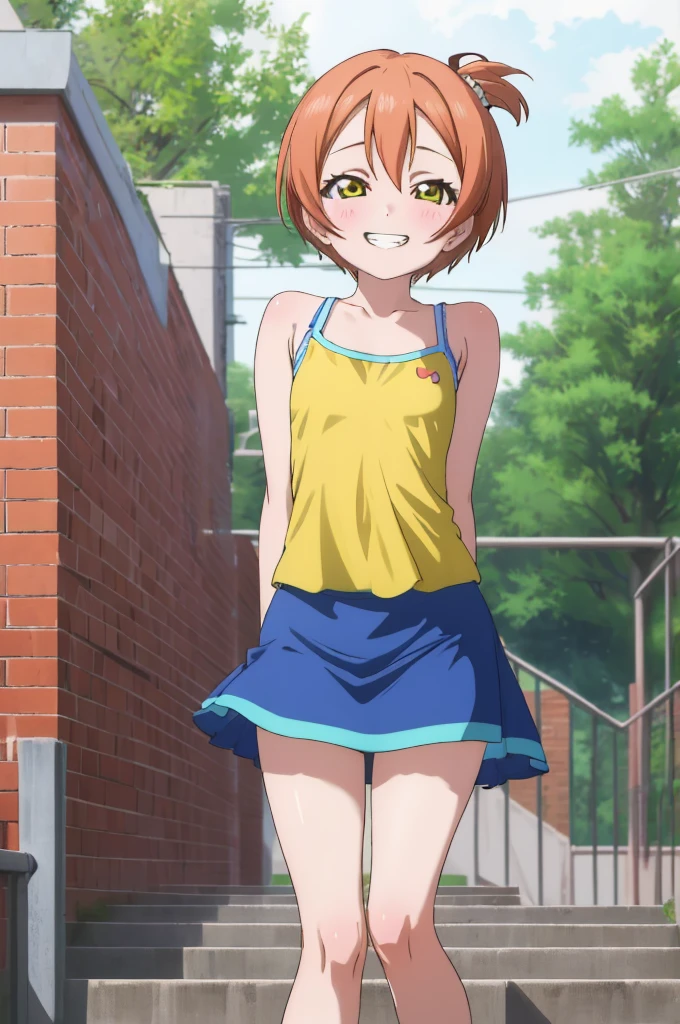 ,girl,happy,smile,,rin hoshizora ,,,looking viewer,,spoken heart,6,(pee),small breasts,grin,outdoor,socks,,,camisole,microskirt