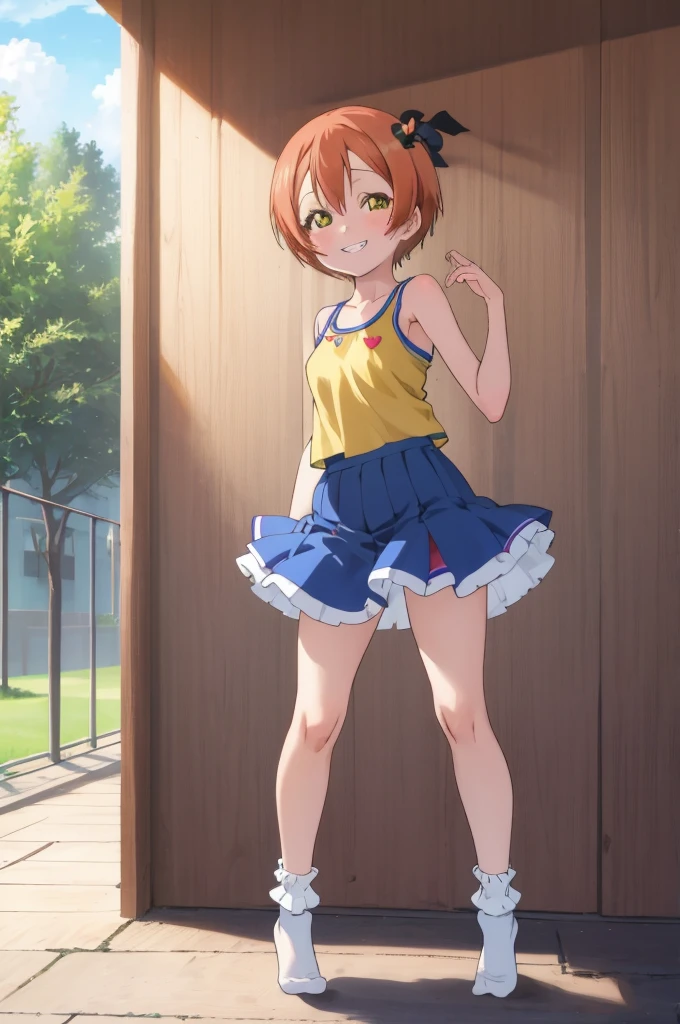 ,girl,happy,smile,,rin hoshizora ,,,looking viewer,,spoken heart,6,(pee),small breasts,grin,outdoor,socks,,,camisole,microskirt