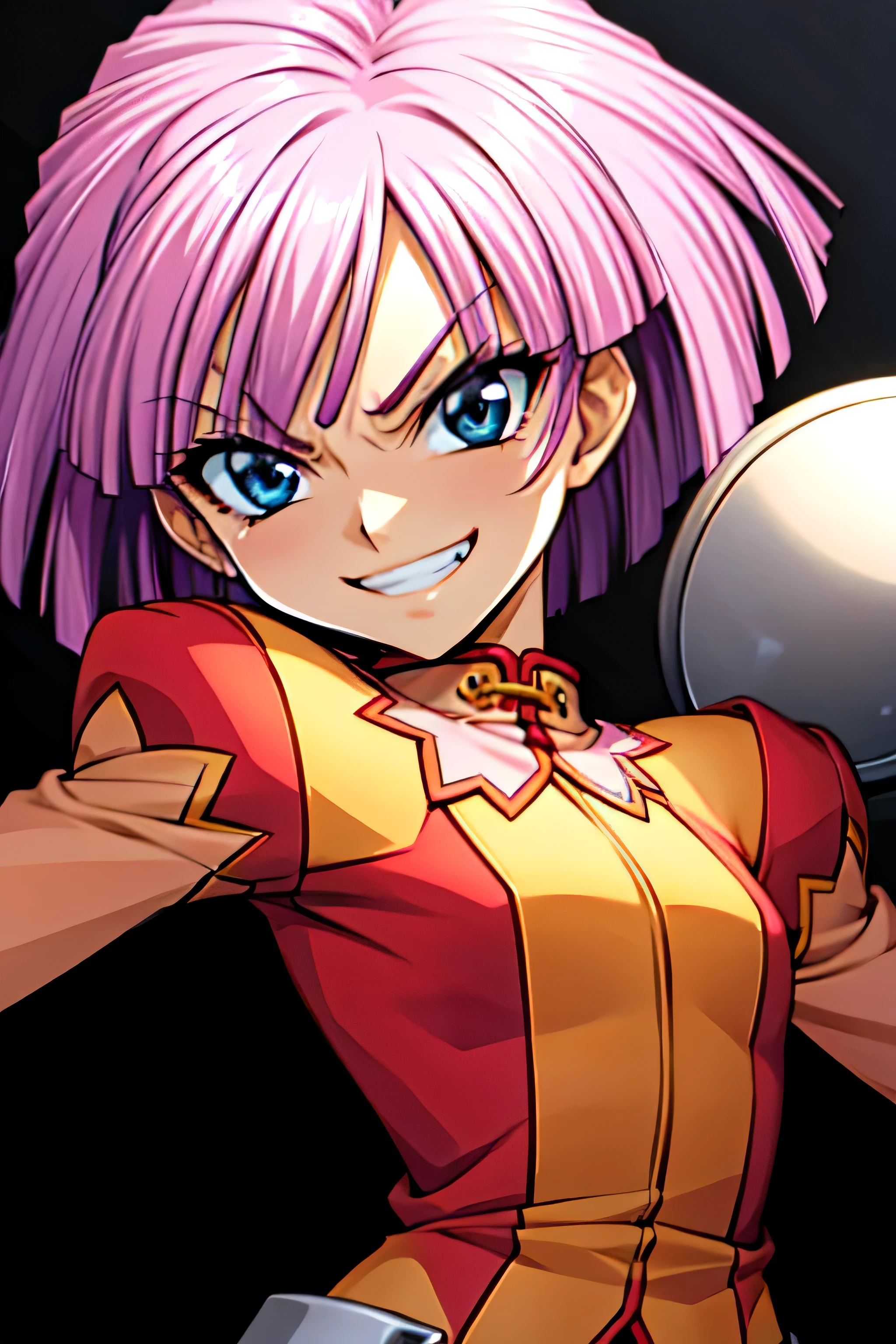 (best_quality 4K, 8K, High resolution, Masterpiece: 1.2), ultra detailed),from_below,(anime_screencap),(1girl,solo),dynamic_angle,too evil_smile,too evil laugh at,tis,deep shaded_face,too sadistic smile,smile worst,,bob short hair,,,looking at viewer,upper body,black background,too worst smile,too bad smile,too evil smirk,,too sadistic smirk,