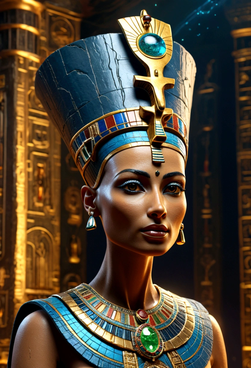 OldEgyptAI AetherPunkAI Nefertiti wearing a crown powered by flowing sparkling energy , Very detailed, gloomy science fiction scenario, intricate and detailed background, youtube image size