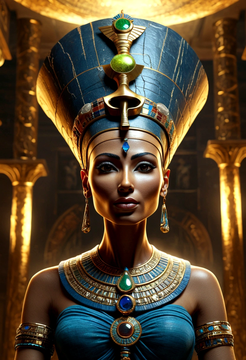 OldEgyptAI AetherPunkAI Nefertiti wearing a crown powered by flowing sparkling energy , Very detailed, gloomy science fiction scenario, intricate and detailed background, youtube image size